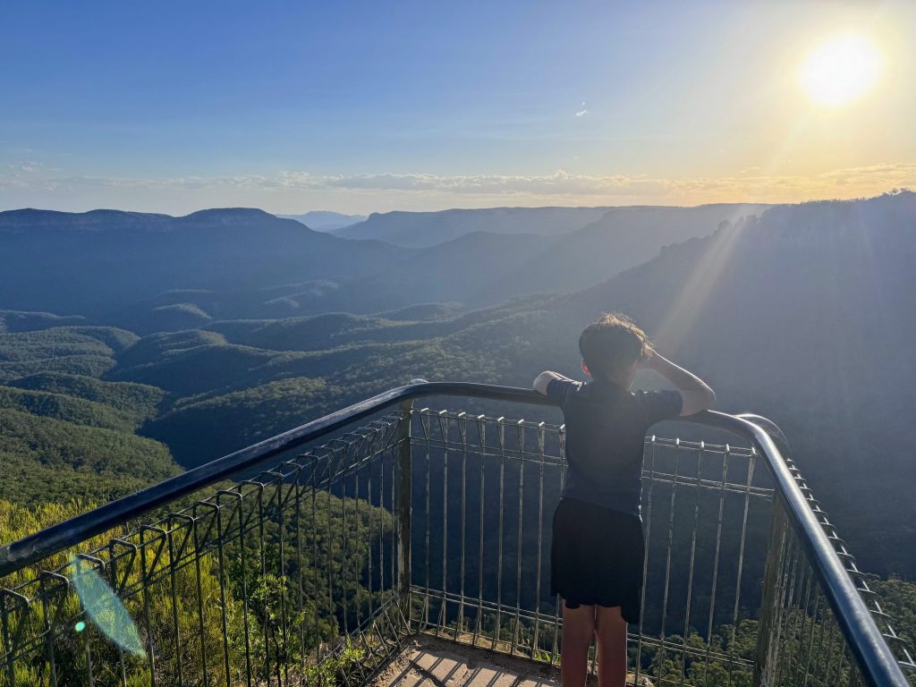 Sunset view over the Blue Mountains valley from Gordon Falls Lookout near Leura NSW